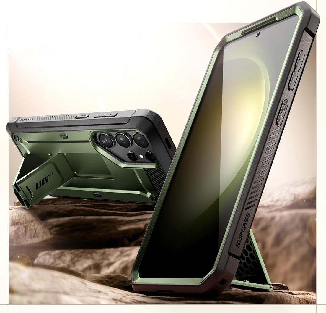 Etui pancerne z osłoną na ekran, z wbudowaną podstawką i kaburą z klipsem obrotowym Supcase Unicorn Beetle Pro do Galaxy S24 Ultra, zielone